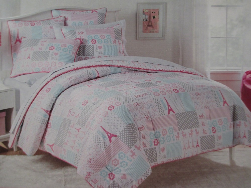 Nicole Miller 3pc Eiffel Tower Bicycle Pink White Comforter Set - Full/Queen