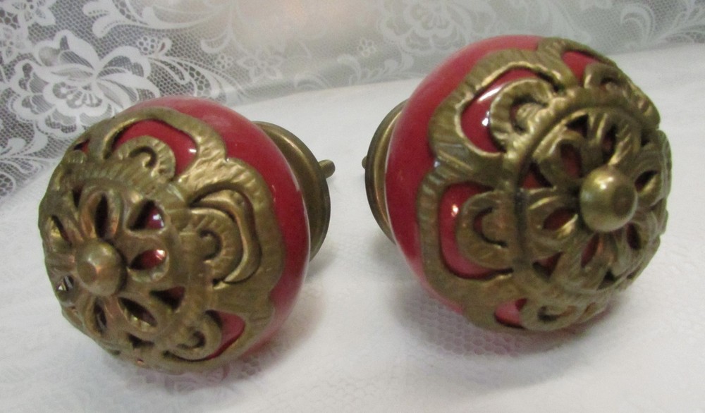 Set of 2 Large RED Round CERAMIC KNOBS with Brass Flower Decorative Drawer Pulls