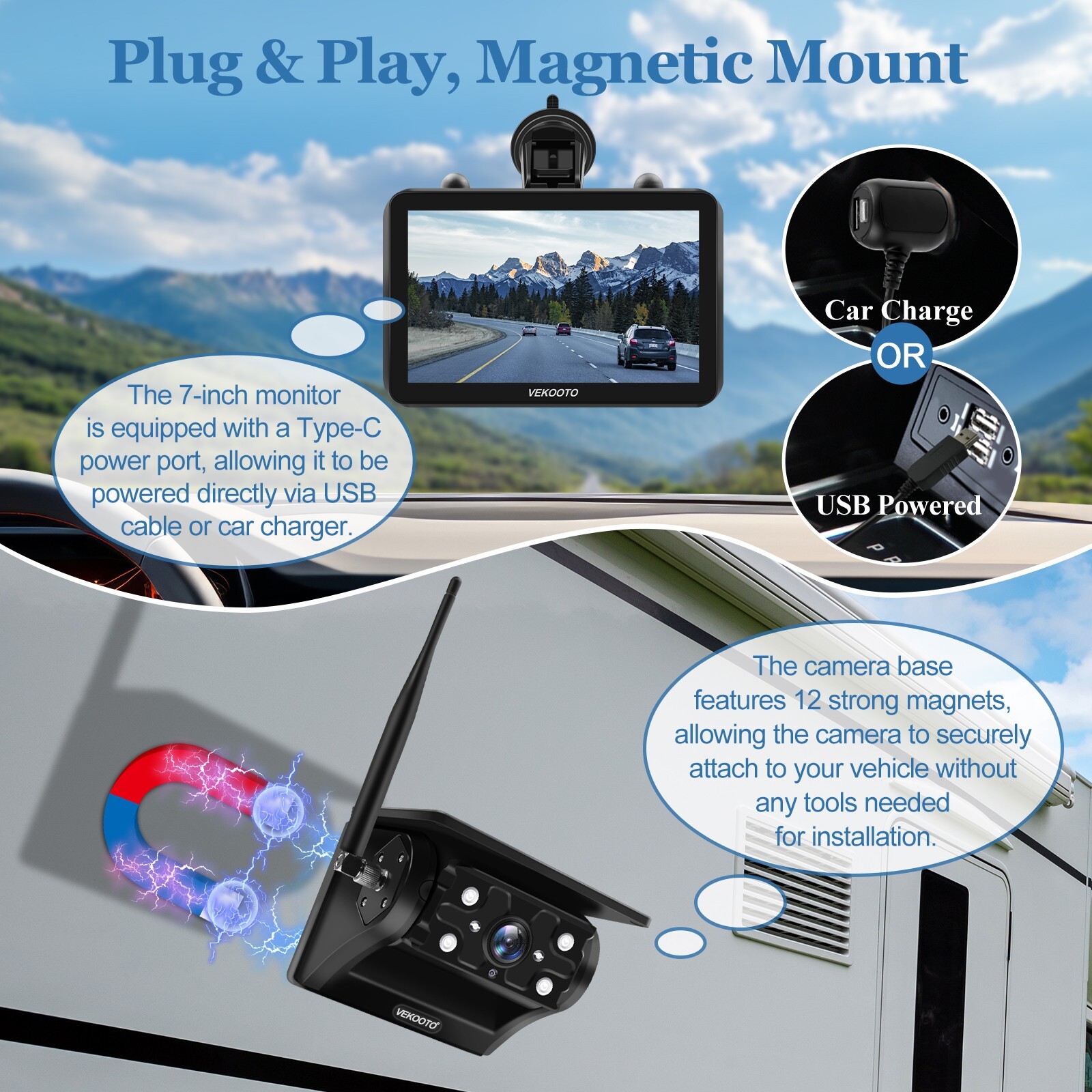 2 Solar Magnetic Wireless Backup Camera 7" HD Monitor Rear View Reverse System
