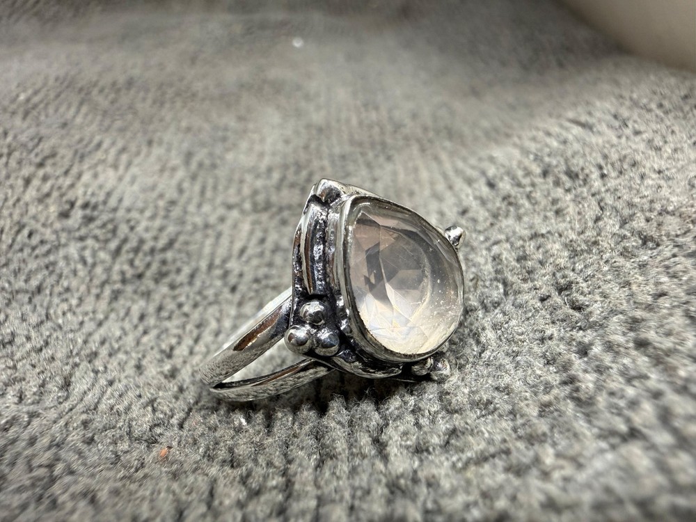 Solid 925 Sterling Silver Large Rose Quartz Teardrop Cabochon Boho Handmade Ring