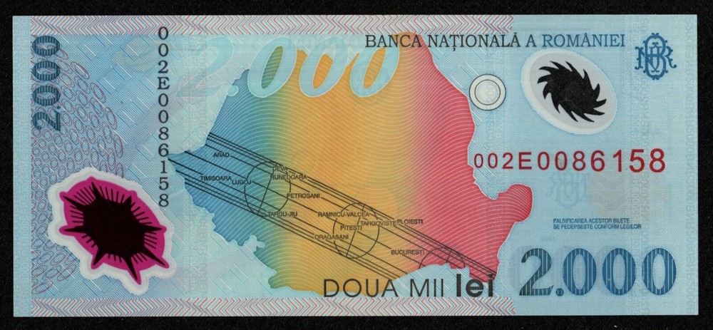 ROMANIA 2000 LEI POLYMER BANKNOTE 1999 - CRISP UNC