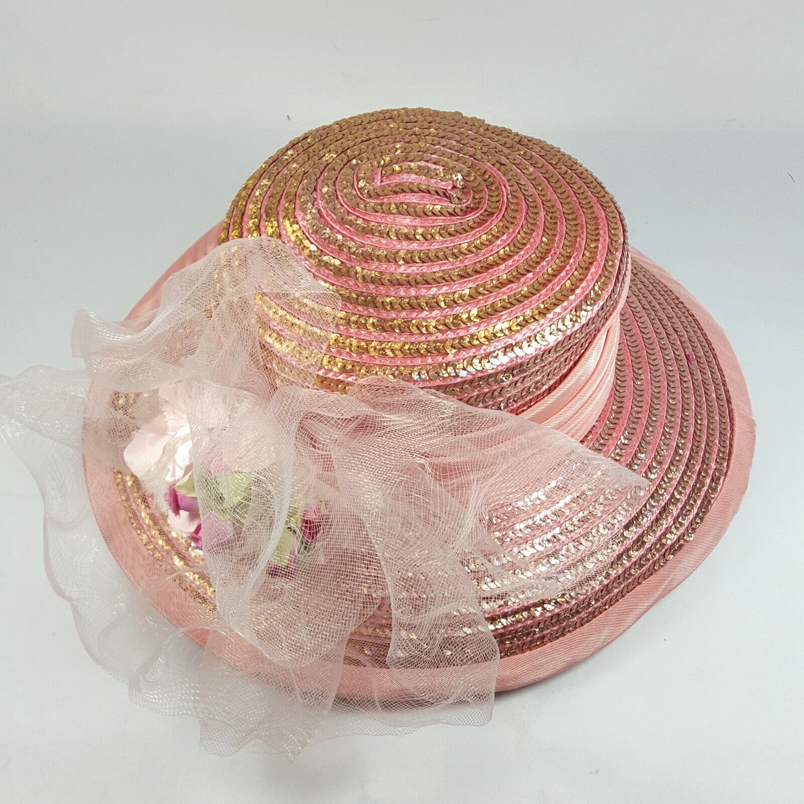 Vintage Whittall Shon Womens Cartwheel Sun Hat Pink Gold Floral Flower Sequin