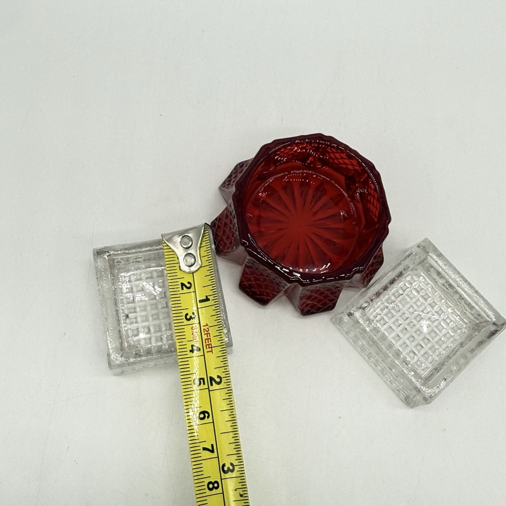 Vtg Mosser Glass Ruby Red Hatched Panel Open Salt Cellar Dip W/2 Clear Cellars