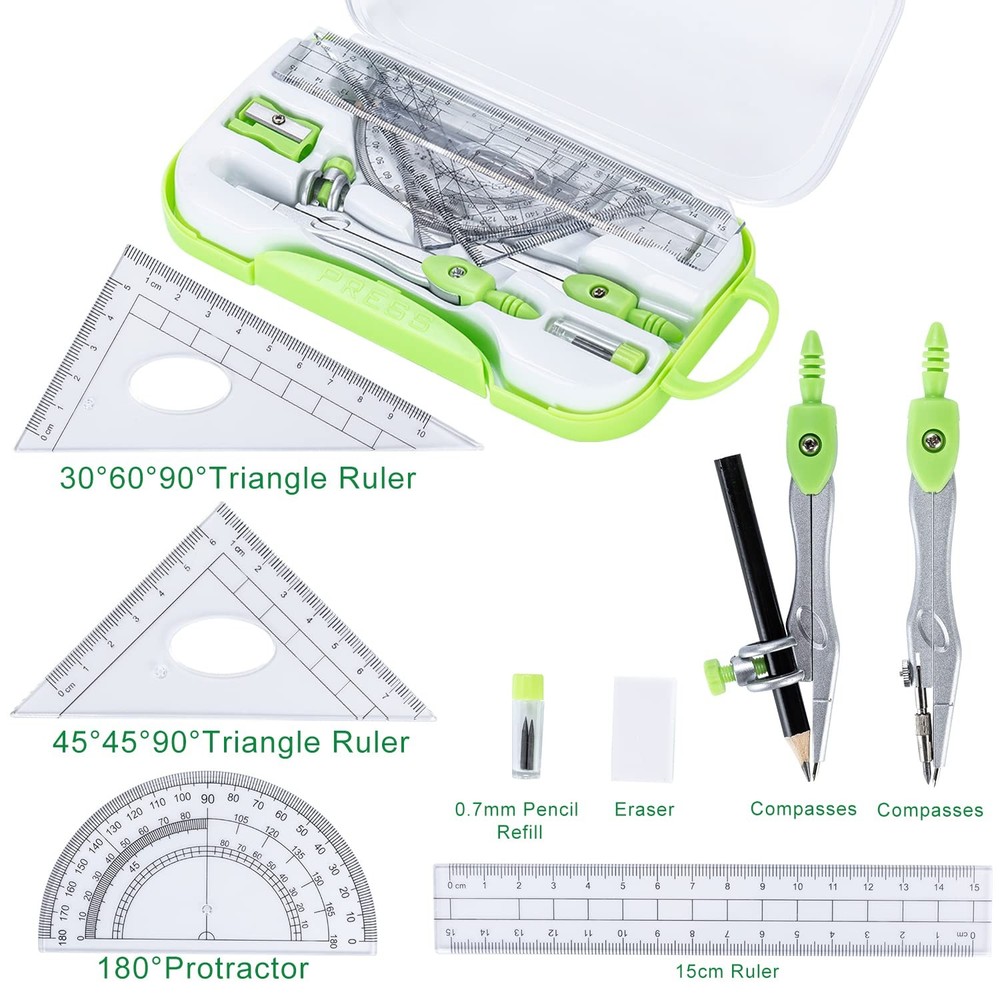 10 Pieces Math Geometry Kit Set With Shatterproof Storage Bo