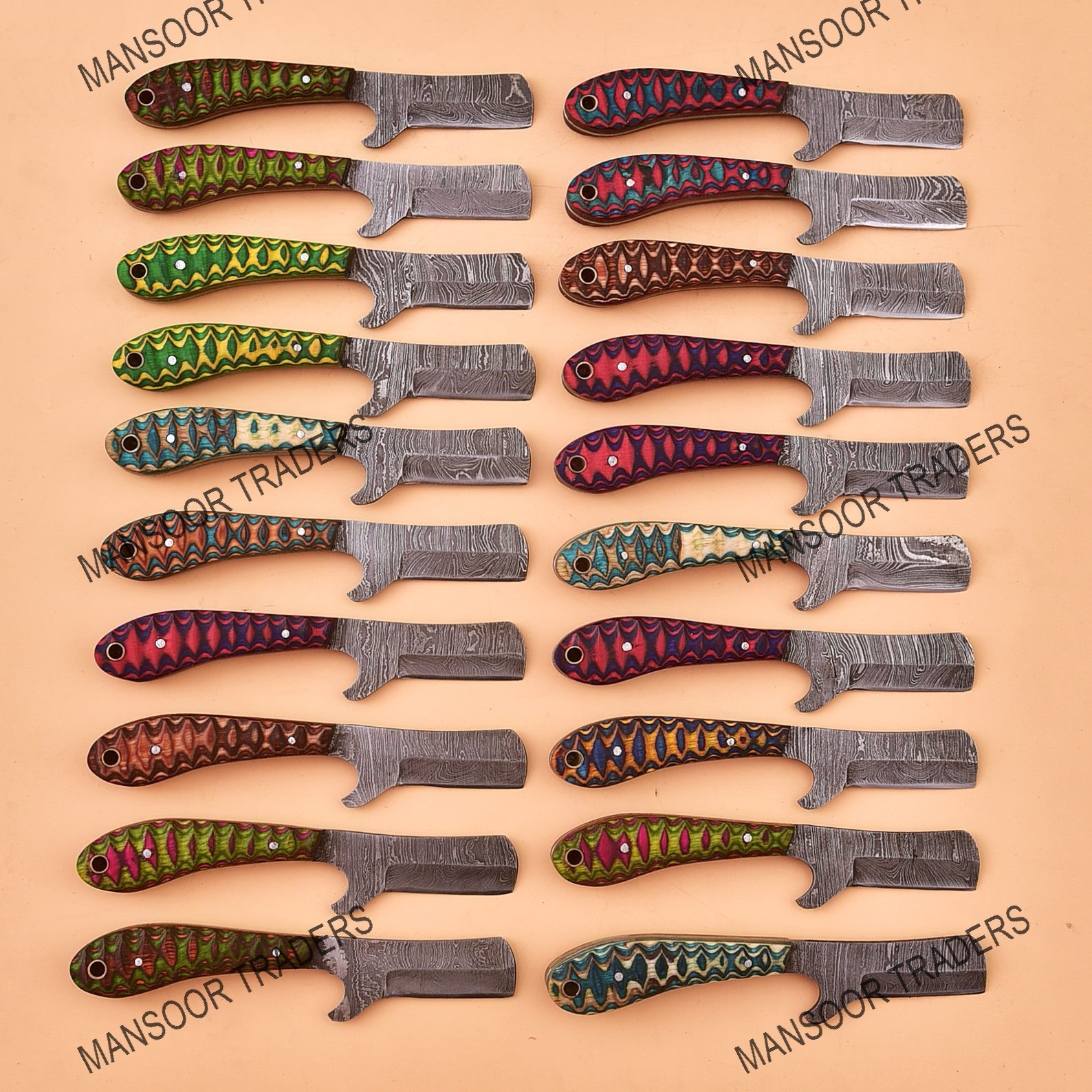 LOT OF 20 CUSTOM MADE DAMASCUS STEEL HUNTING SKINNER BULL CUTTER EDC KNIFE