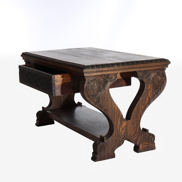 Arts & Crafts Carved Oak Trestle Library Table C1910