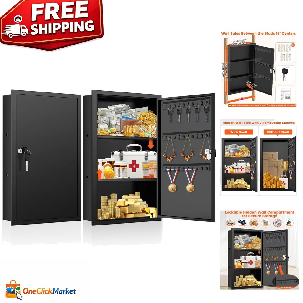 22" In Wall Safe Between Studs Lockable w/ Shelf & Key Hooks Home Security Box