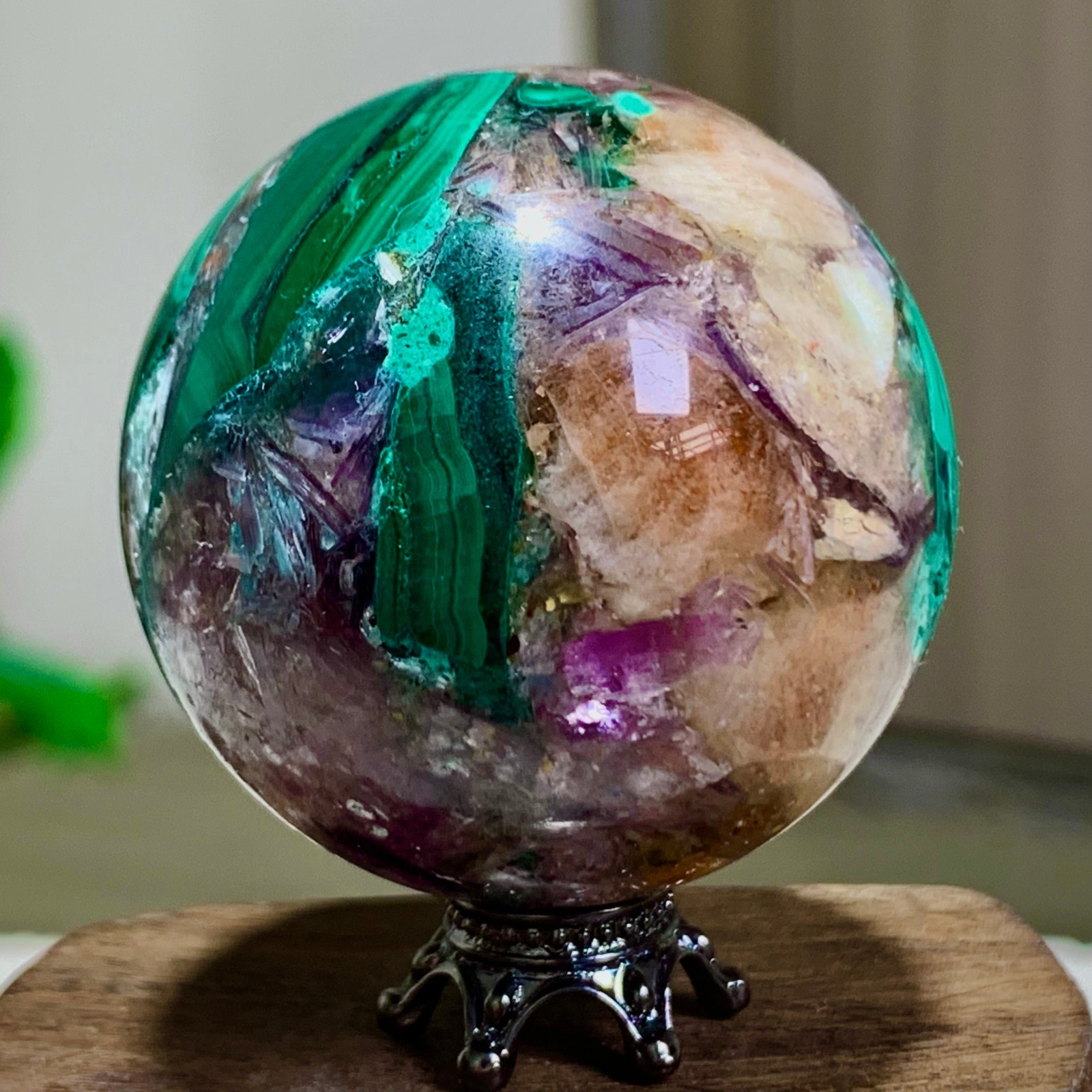 94G Newly discovered rare malachite purple mica symbiotic sphere restoration