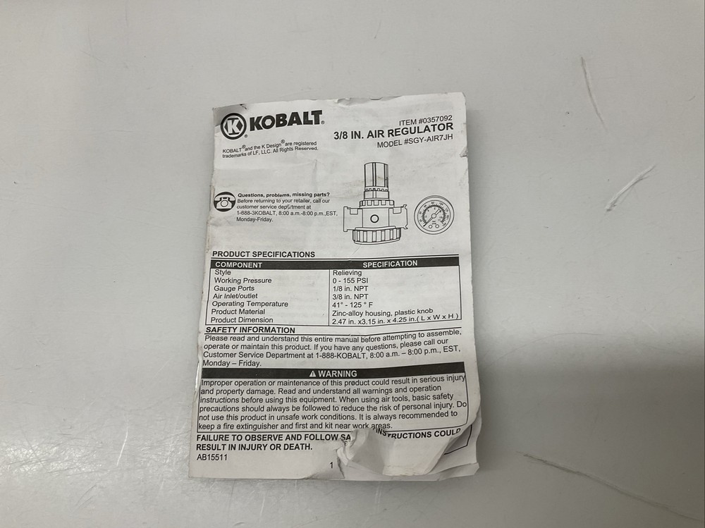 Kobalt Air Regulator 0357092 3/8"