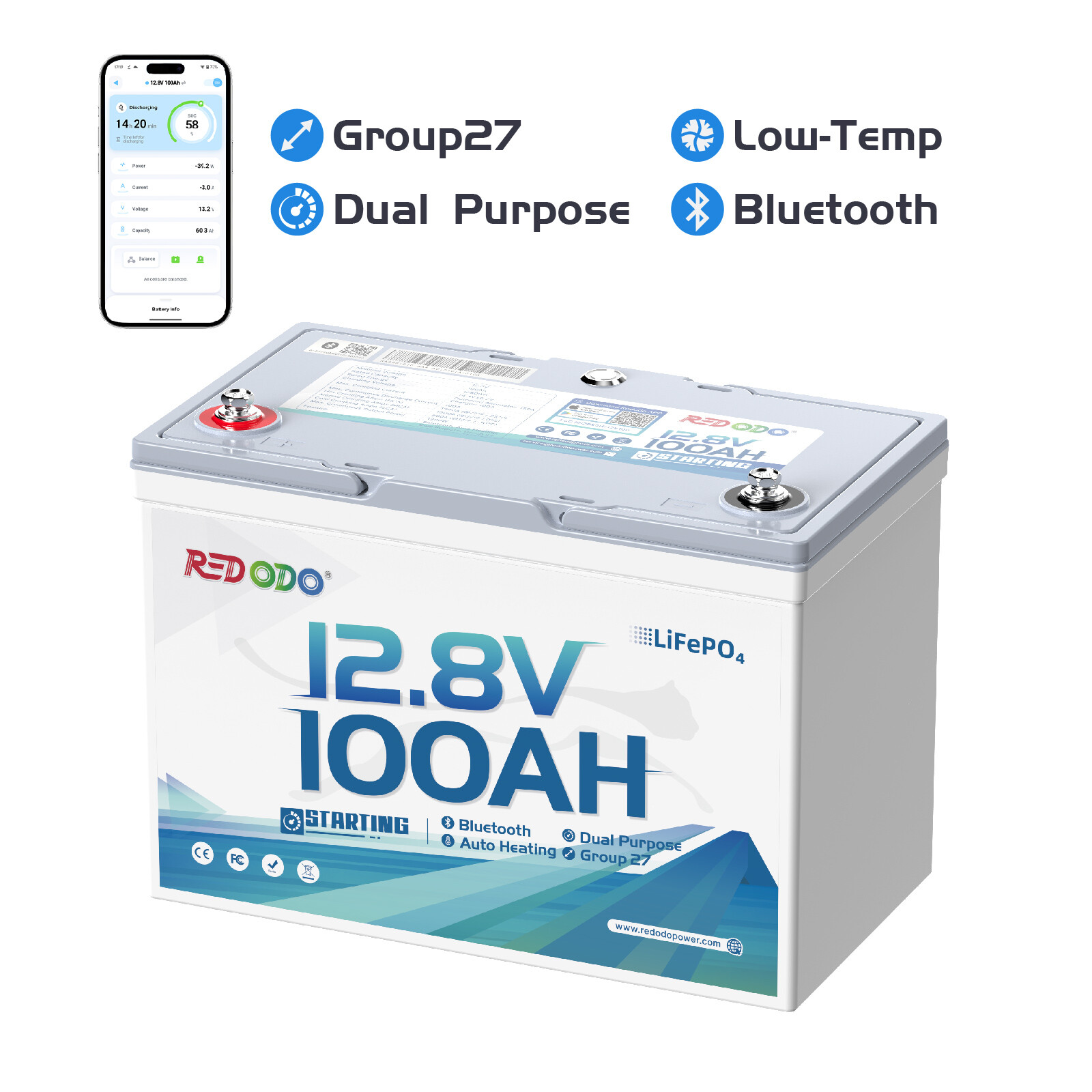 Redodo 12V 100Ah Bluetooth Dual-Purpose 900CCA Group27 Marine Starting Battery