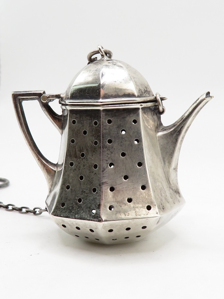 ANTIQUE VICTORIAN STERLING SILVER TEABALL KETTLE STRAINER - TEAPOT SHAPE *