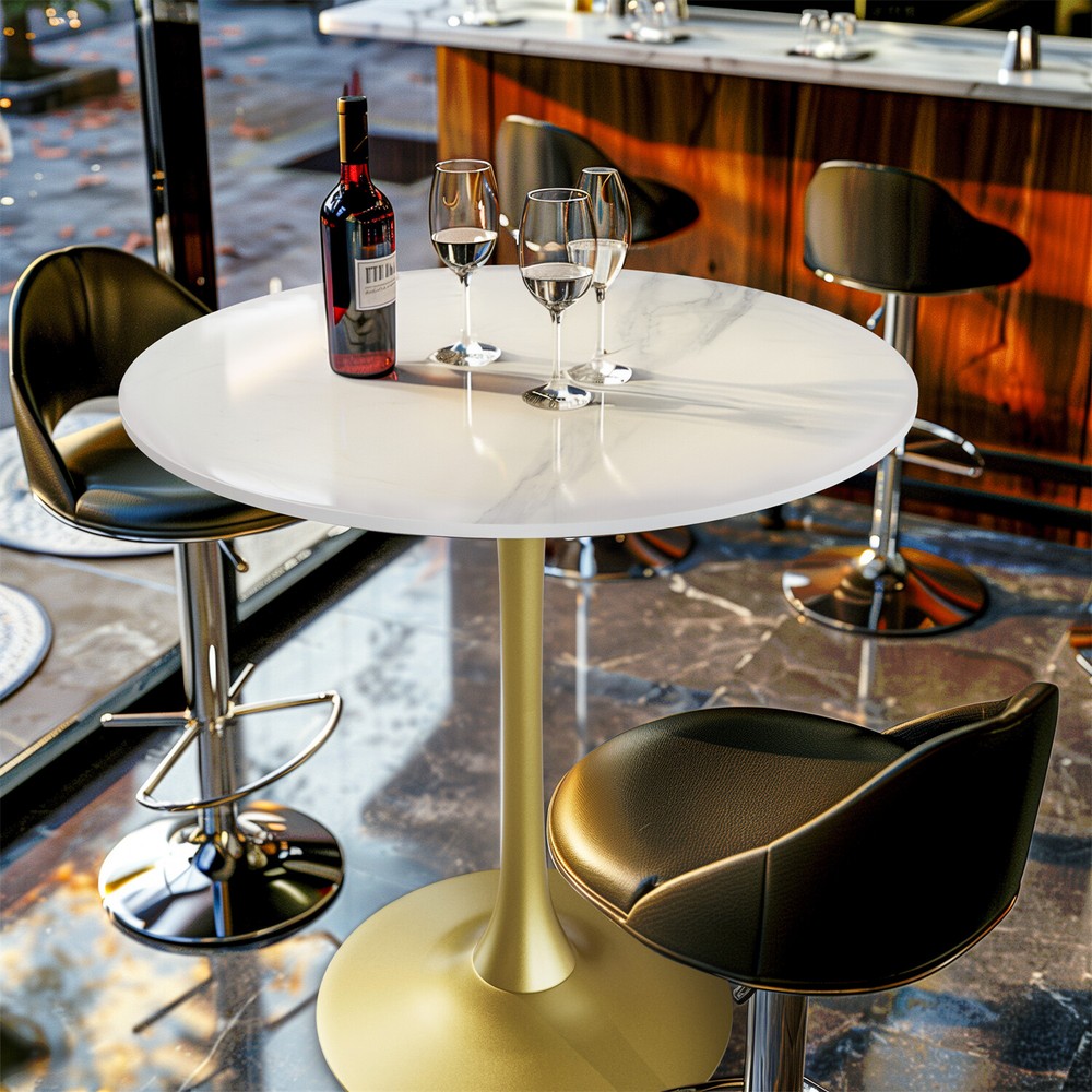 30” Diameter Round Kitchen Dining Table Bar Bistro Table Stone Top Metal Base
