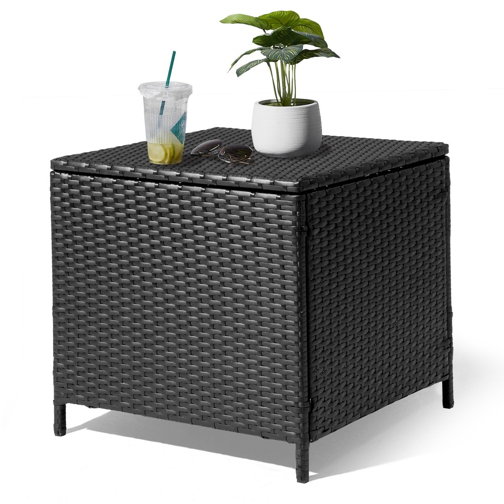 PE Wicker Side Table with Storage, Patio Rattan End Table Square Container