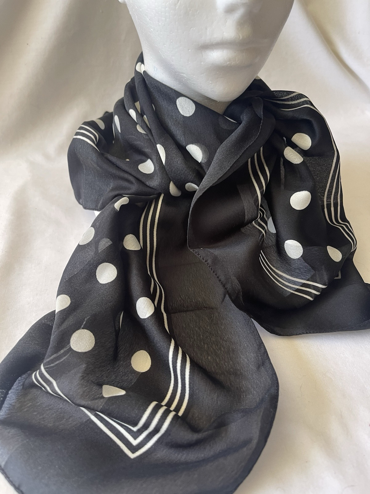 VINTAGE BERKSHIRE Italy: Black White Polka Dot Sheer 31" Square Scarf