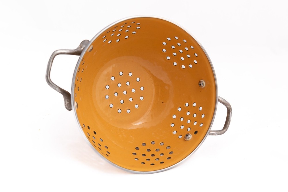 Vintage Yellow Enamel Strainer Colander Kitchen Cookware