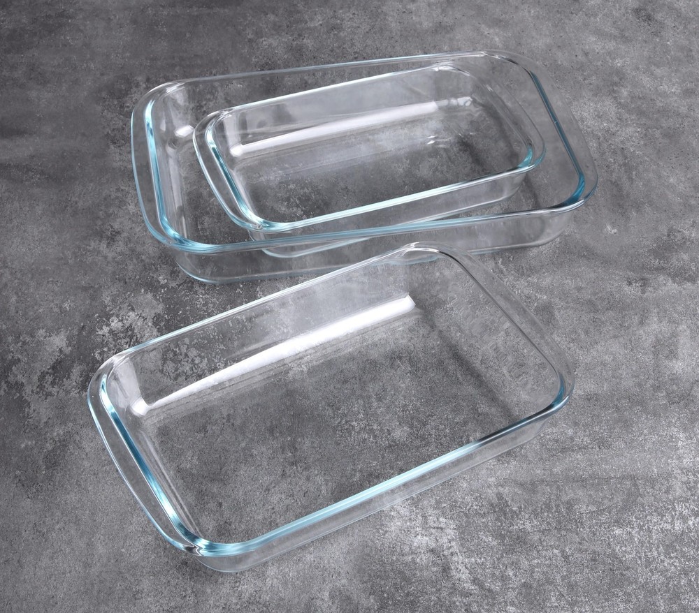 Set of 3 Basic Rectangular Tempered Glass Bakeware Baking Dishes Pan - 1L 1.5L