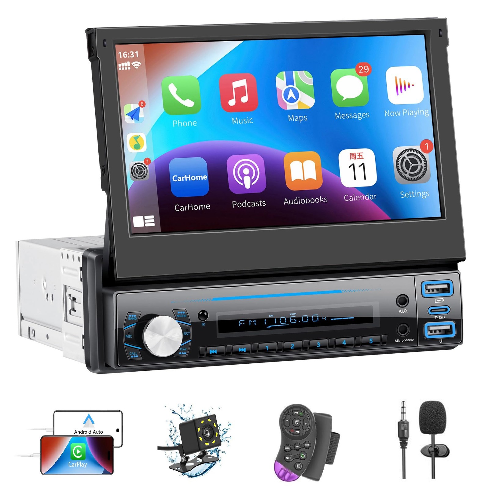 Single Din Car Stereo with Carplay ＆ Android Auto,7 Inch Flip-Out Touchscreen