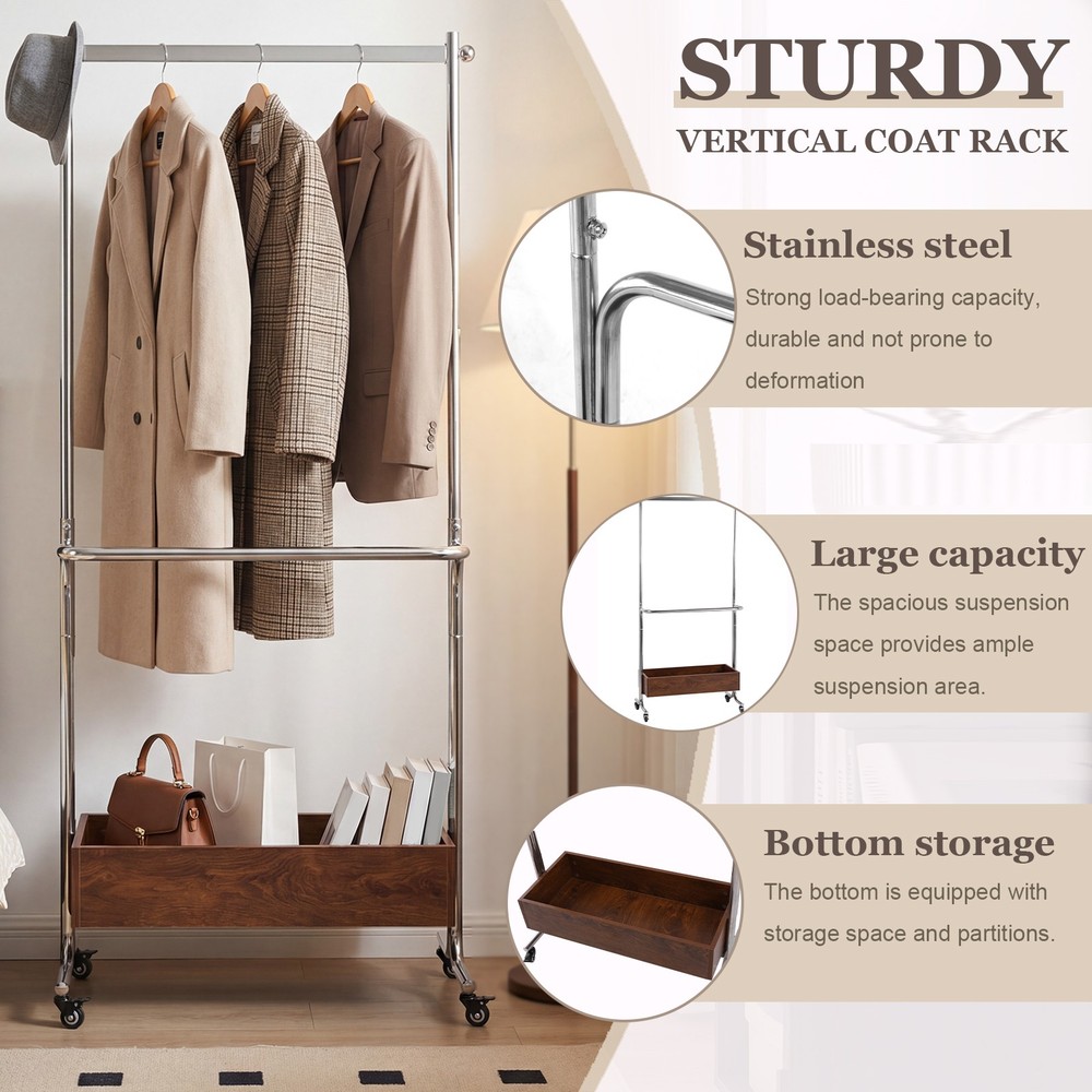 Small Clothes Rack with Wheels Removable Drying Rack Double-pole for Small Space
