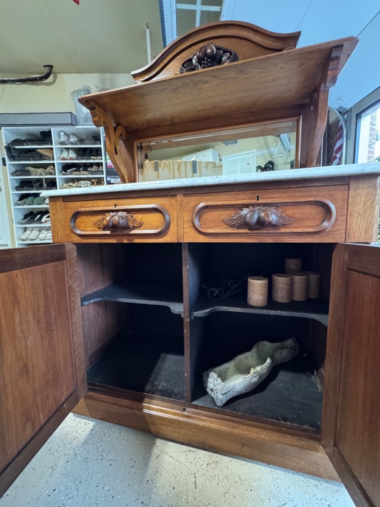 Antique Victorian Walnut Marble Sideboard Buffet Server Huntboard Renaissance