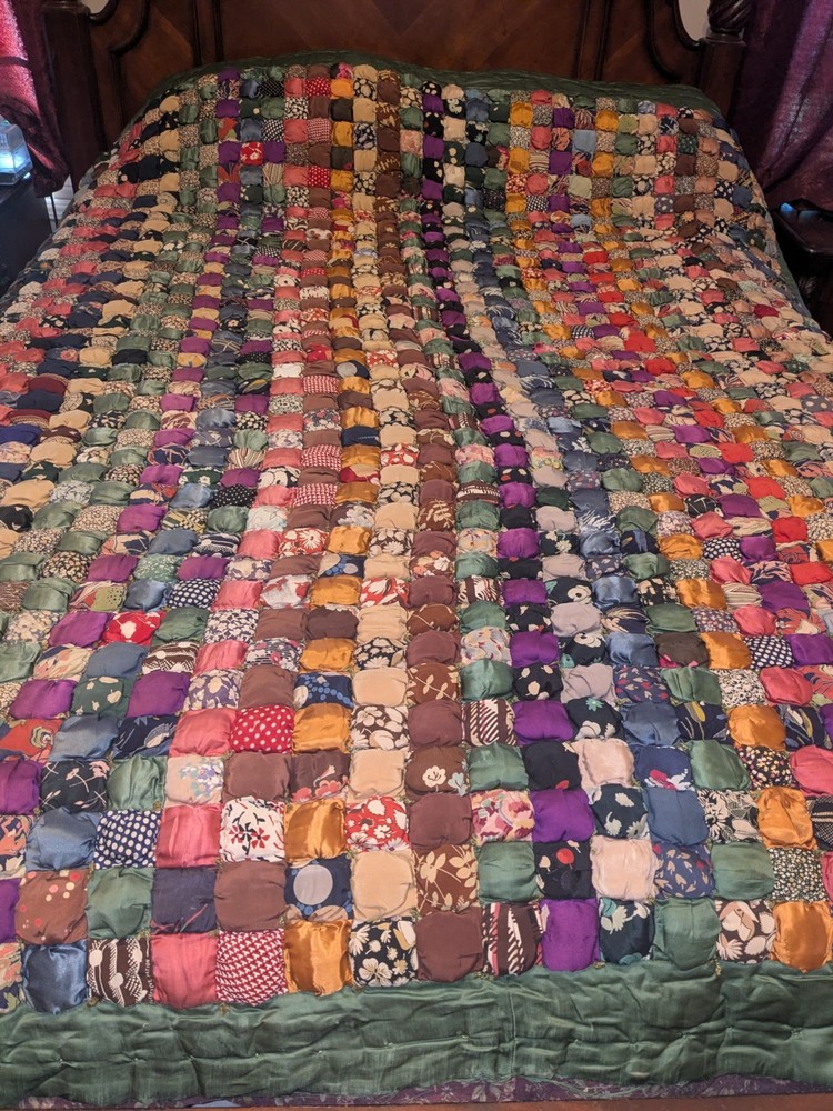Unique Antique  Puff Biscuit Patchwork Fabric  Quilt ~ Green Back