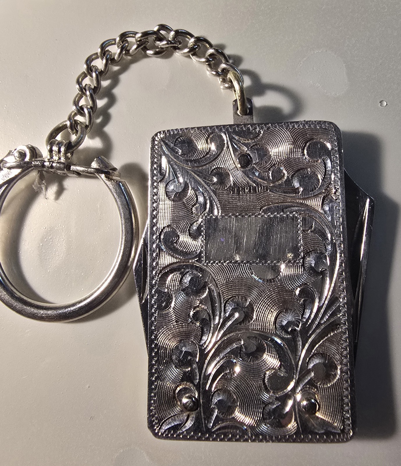 Vintage Engraved Sterling Silver 2 Blade Pocket Knife/Keychain w/ Bottle Opener