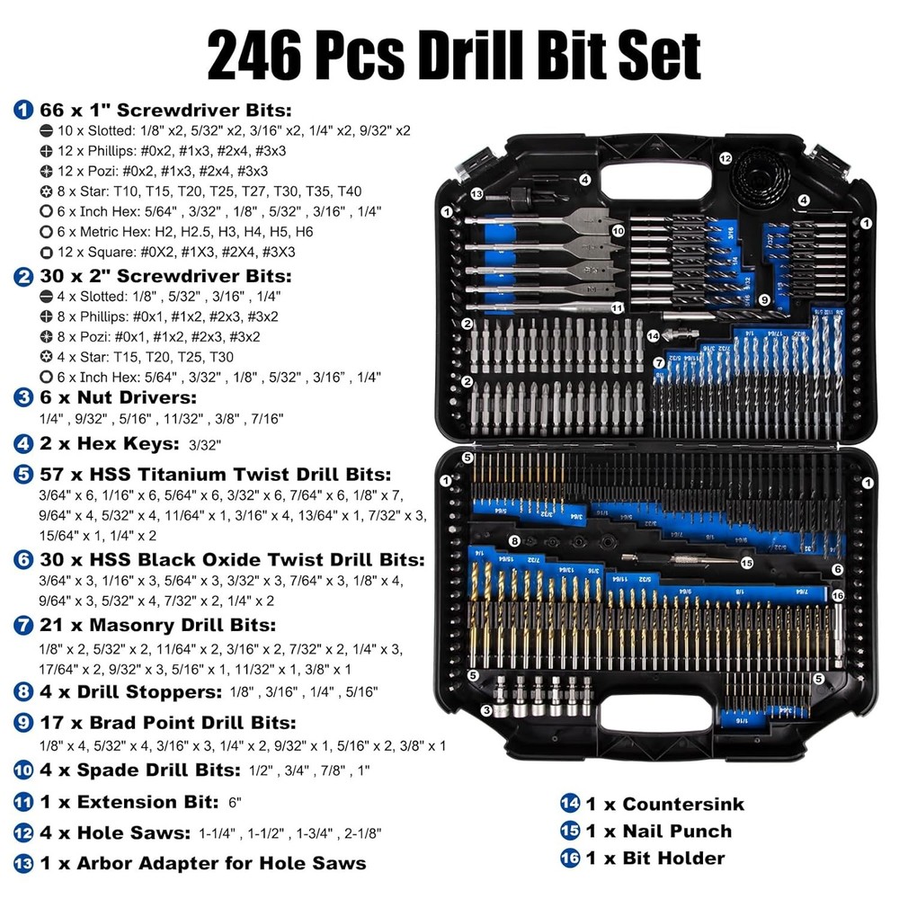 Drill Bit Set, 246 Pcs for Cordless Drill, Drill Driver Bit Set