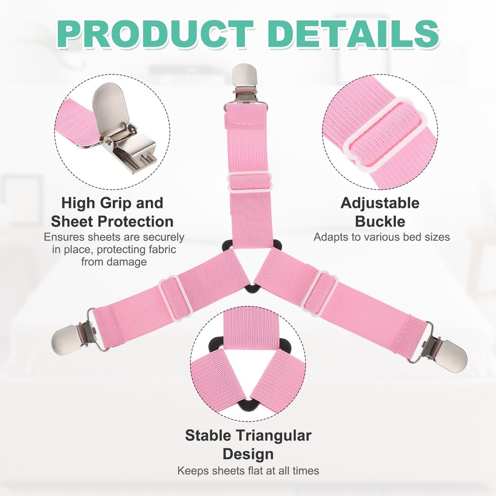4Pcs Bed Sheet Holder Straps Elastic Adjustable, Pink