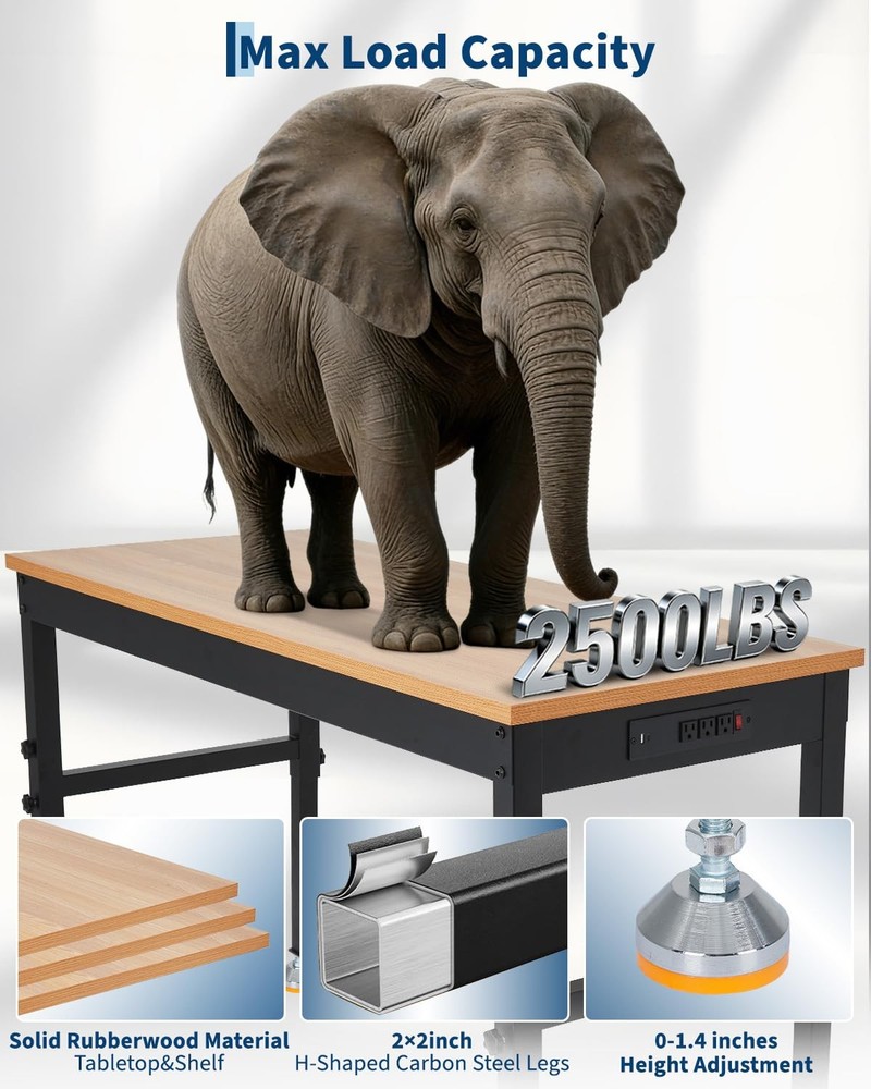 60 Inch Adjustable Workbench w/Lockable Wheels, 2500 LB Load Capacity