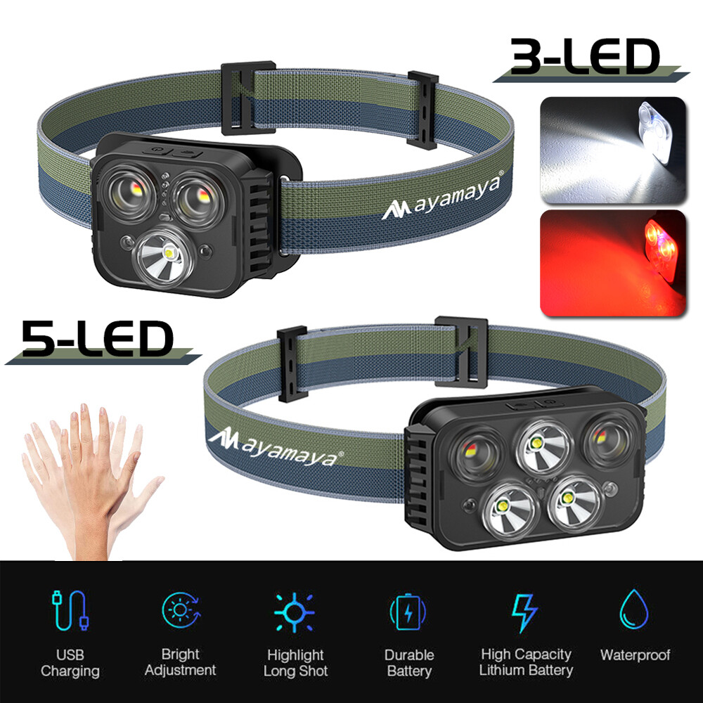 LED Motion Sensor Headlamp USB Rechargeable Headlight Torch Flashlight Band Work