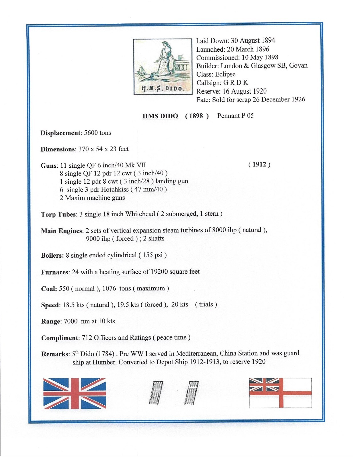 ROYAL NAVY CRUISER HMS DIDO 1896 PHOTOGRAPH WITH BONUS STATS SHEET