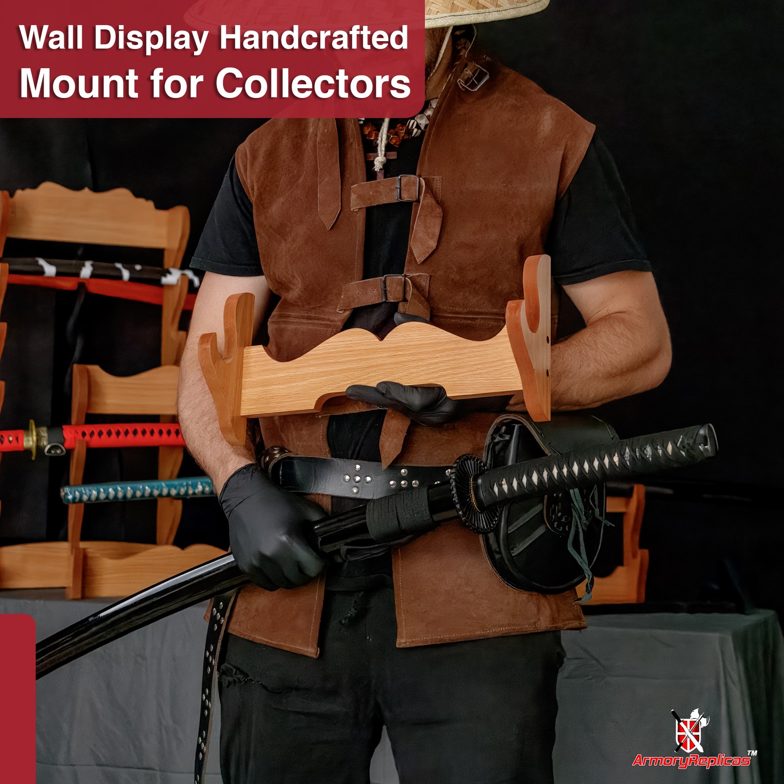 Viking Sword Rack Display Mount - Medieval Display Decor Hardwood Rack