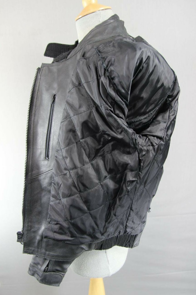 RACEWELL BLACK LEATHER BIKER JACKET WITH REMOVABLE BACK PROTECTOR: SIZE 14