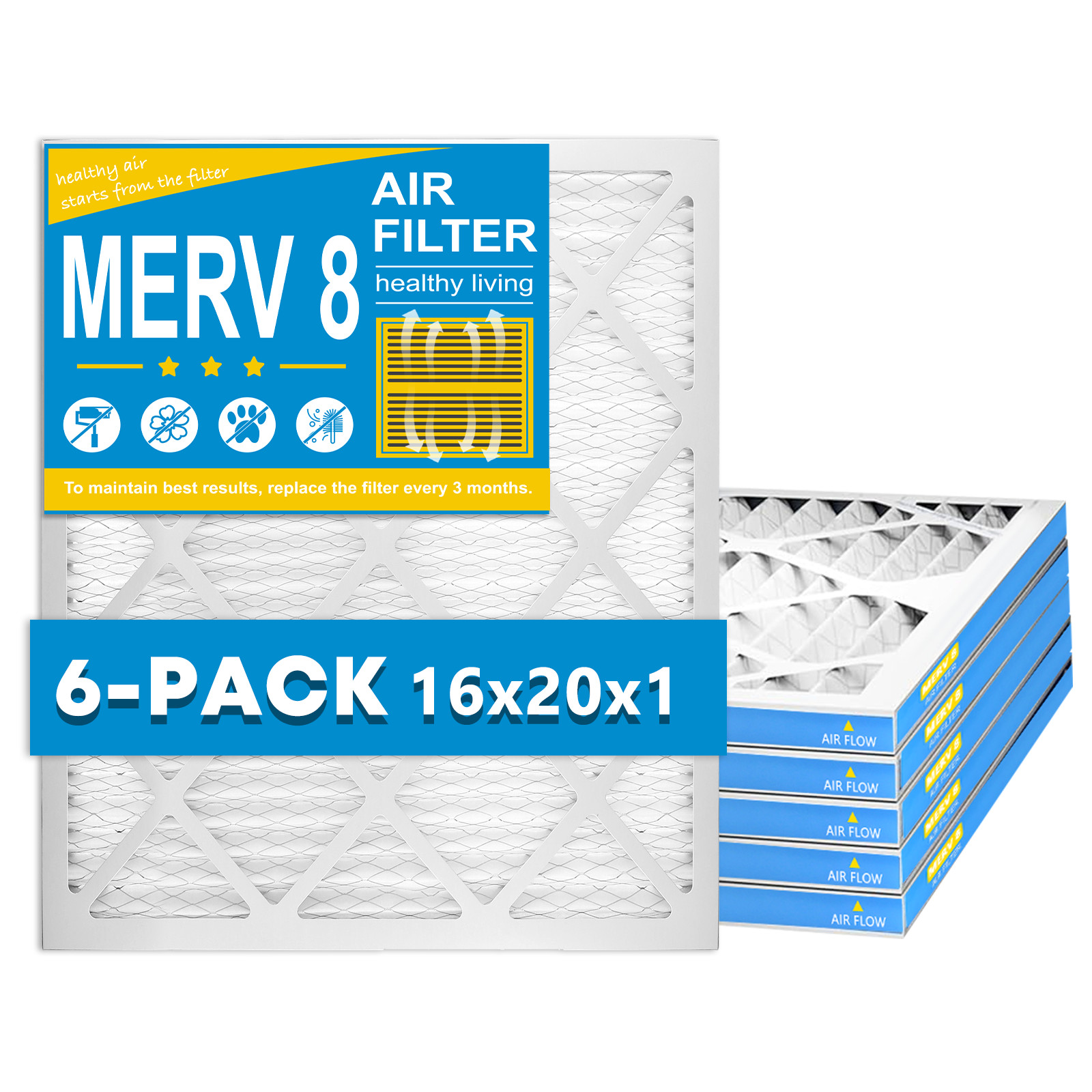 16x20x1 Air Filter, MERV 8, 6 Pack, MPR 600，For Home AC Furnace & HVAC