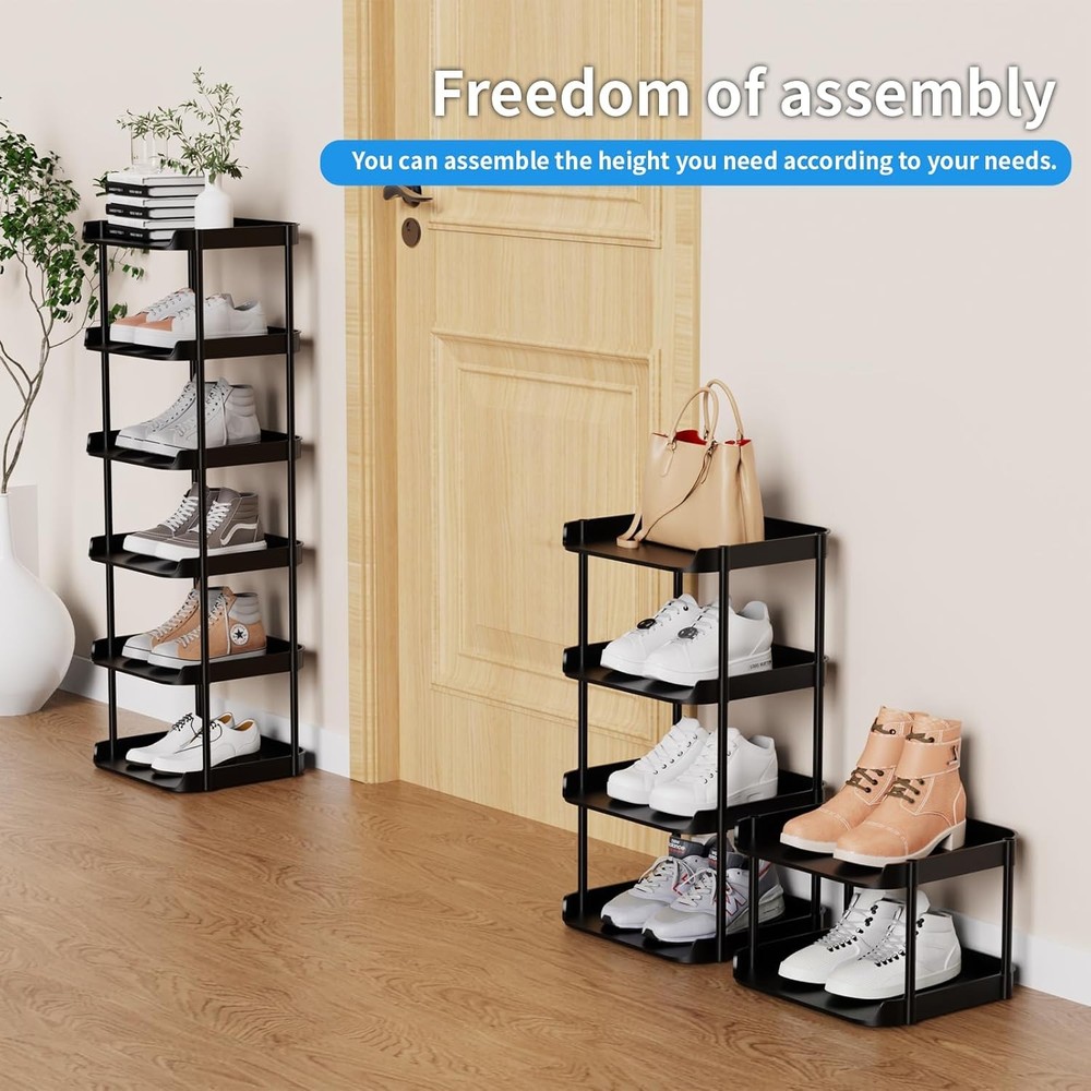 6 Tier Vertical Narrow Shoe Rack, Stackable Tall Skinny Shoerack, Compact Single