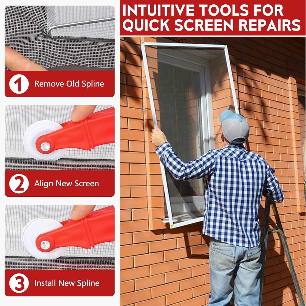 Window Screen Roller Tool Set with Spline Removal Hook 2-Piece Screen