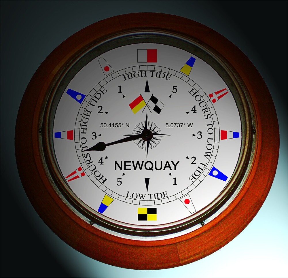 Tide Clock Nautical Flags Maritime Beach Dial & Coordinates, Newquay Cornwall