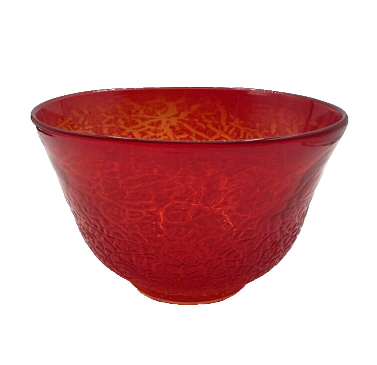 Studio Blown Art Glass 9" Red Console Bowl Lava Stretch Texture