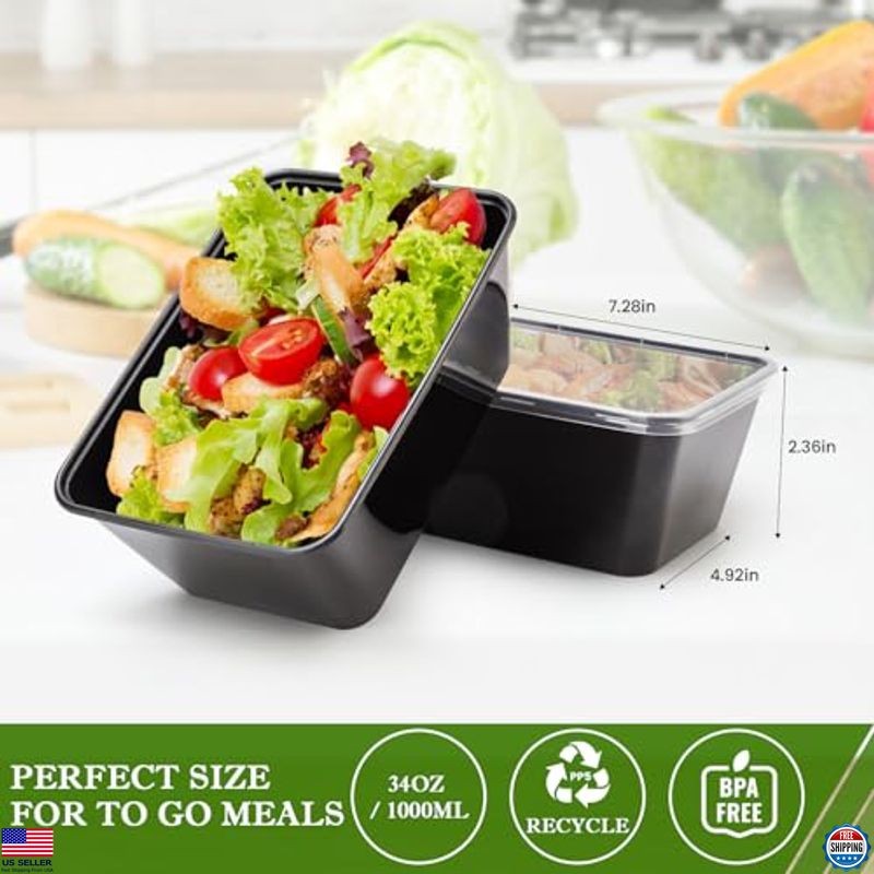 50-Pack 34oz Meal Prep Containers - Reusable, BPA-Free, Stackable, Microwave