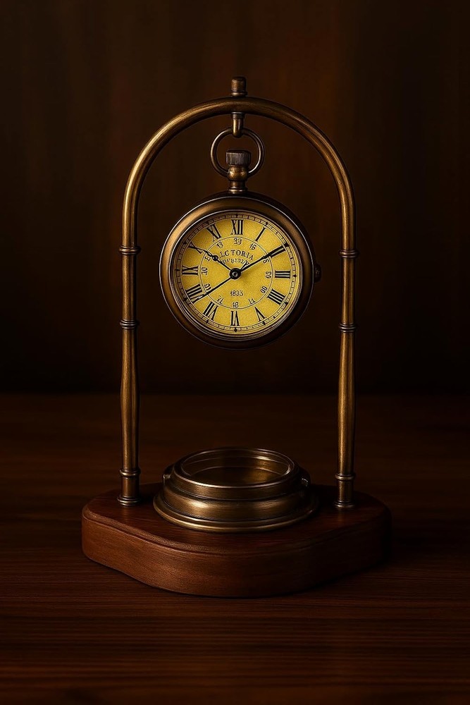 Personalized Victorian Brass Desk Clock with Integrated Working Compass -
