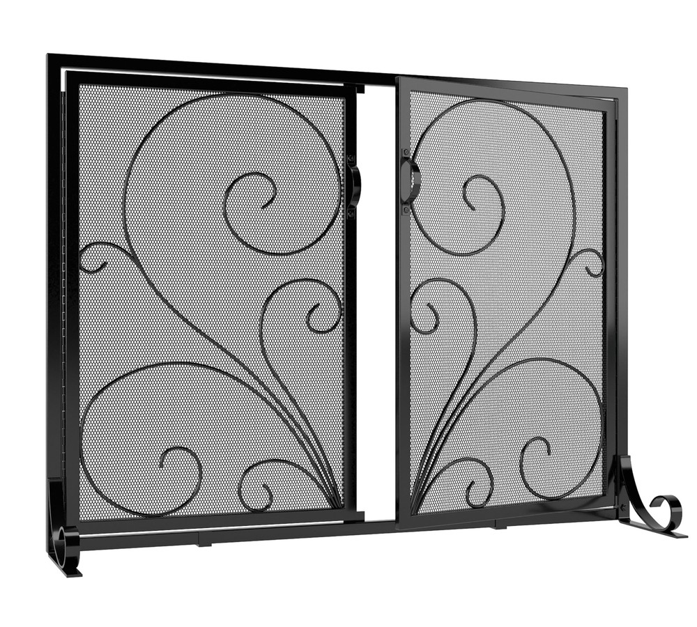 Flat Fireplace Screen with Doors,Solid Wrought Iron Frame with Metal Mesh, Fl...
