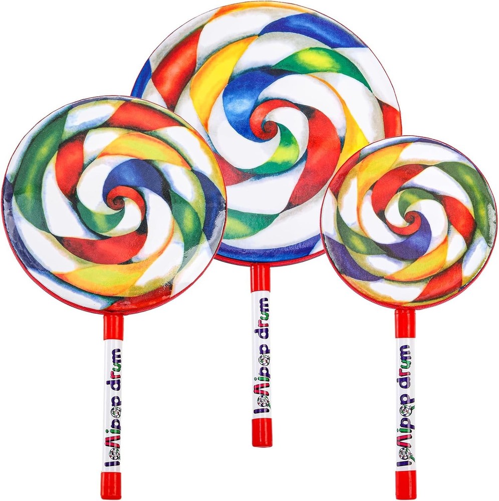 3-Piece Rainbow Lollipop Drum Set with Mallets - Fun Percussion Instruments