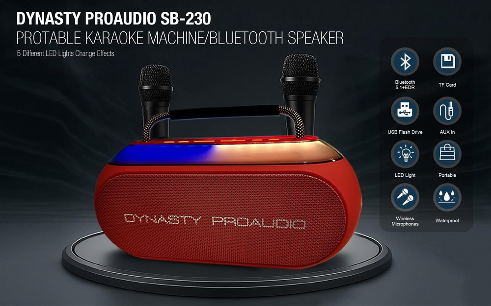 SB-230 Portable Bluetooth Speaker/Karaoke Machine with Two Wireless Microphon...