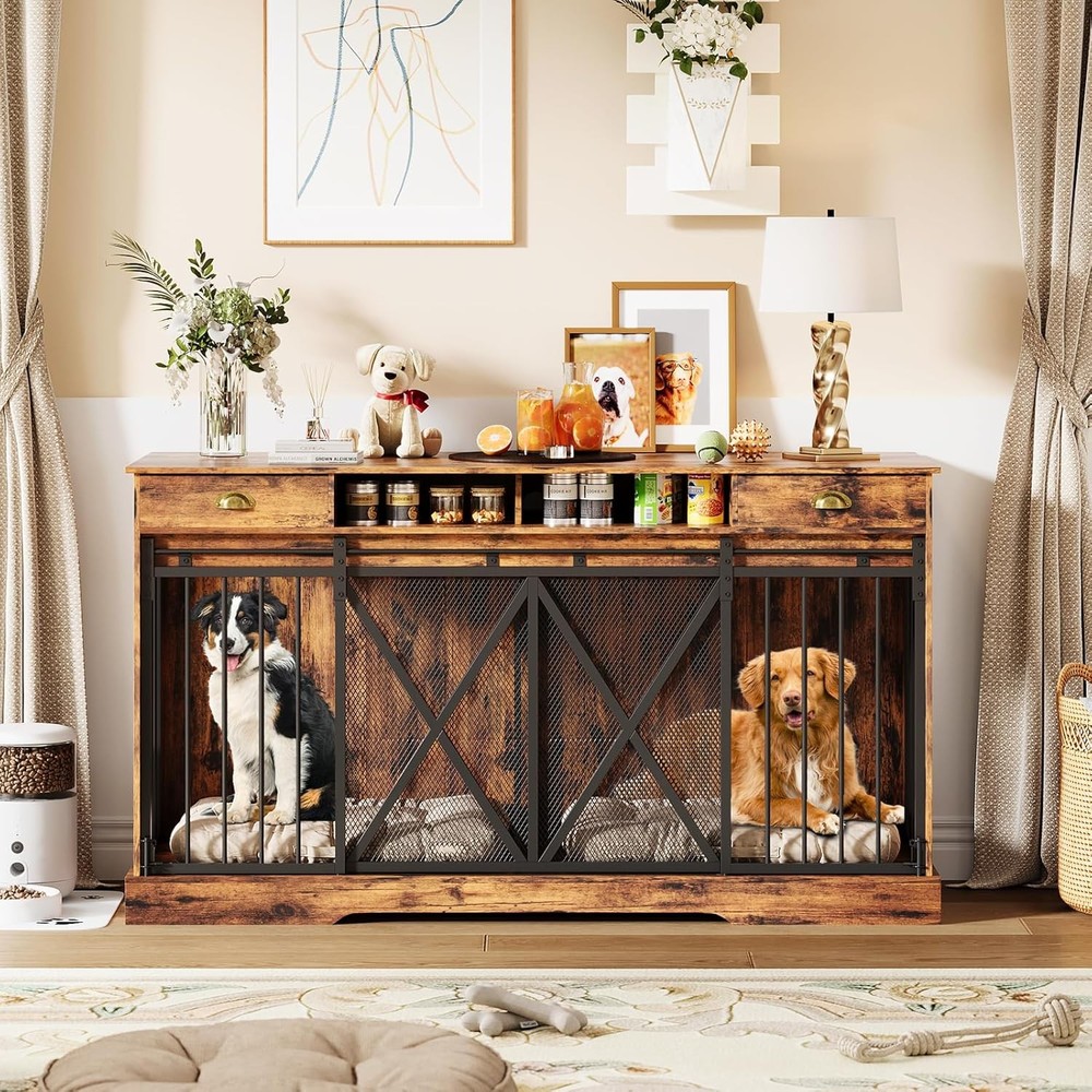 63 inch Wooden Double Dog Crate Dog Kennel Furniture TV Stand w/Divider& Drawers