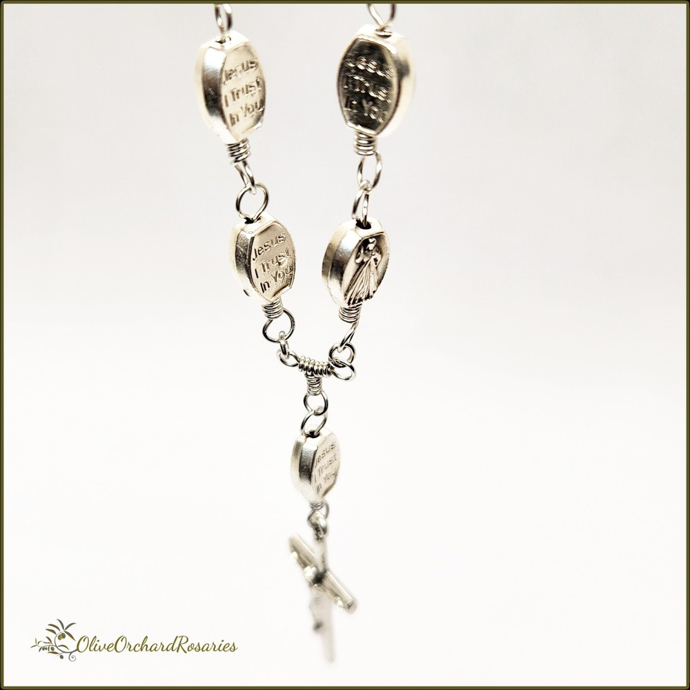 Handmade Divine Mercy Silver Oxidized Metal Beads Rear View Mirror Rosary