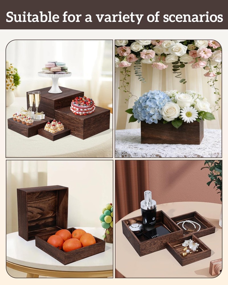 8 Size Nested Buffet Risers with Mini Signs, 8PCS Rustic Wooden Cake & Desser...