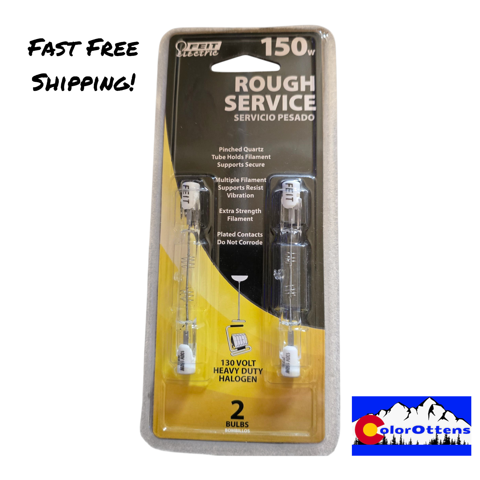 2 Pack Rough Service Halogen Bulb 150W Feit Electric BPQ150T3/CL/S/RS/2 130 Volt