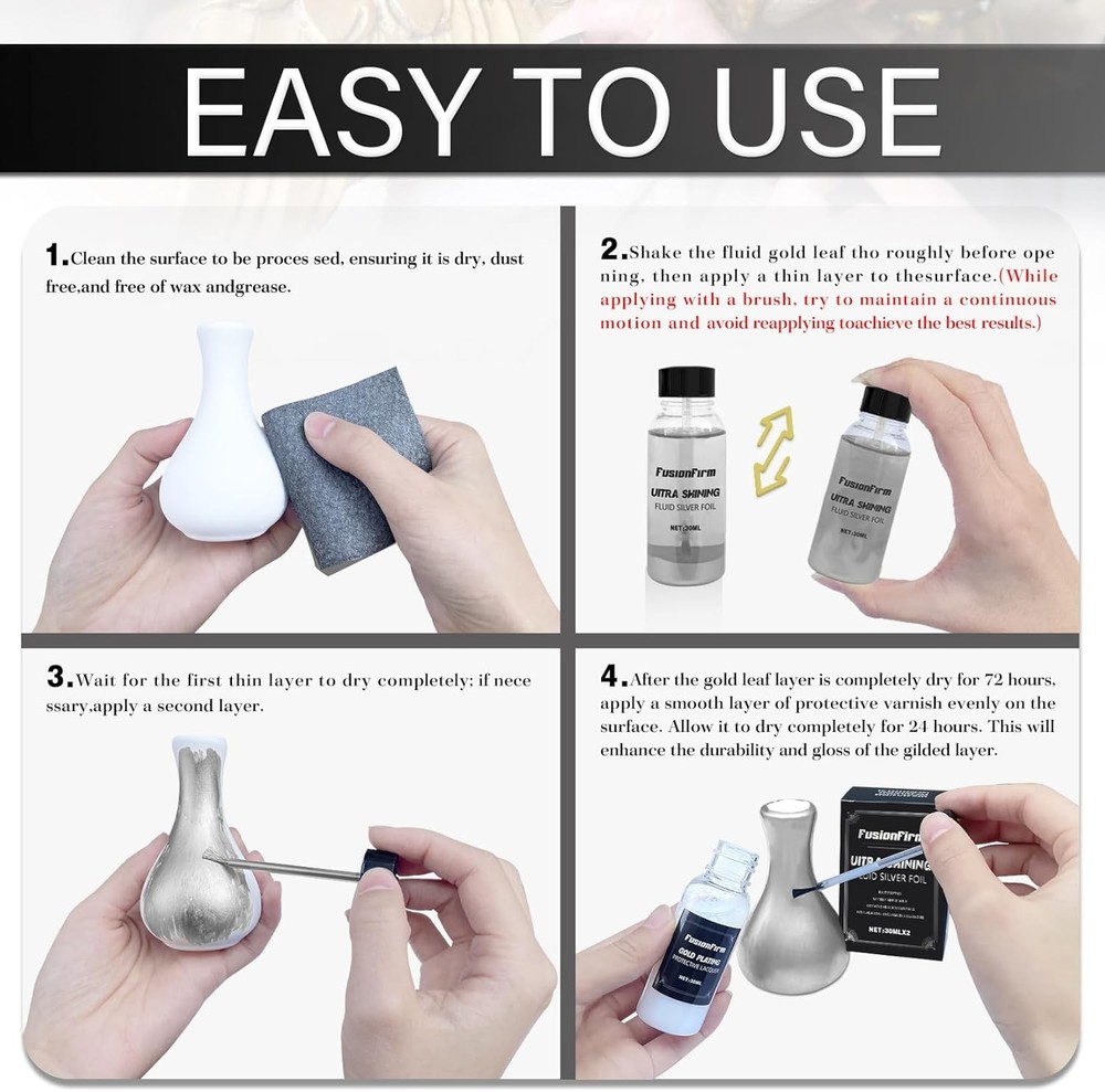 Liquid Silver Leaf Paint Kit - Alcohol-Based Quick Dry Ultra Shiny Metallic