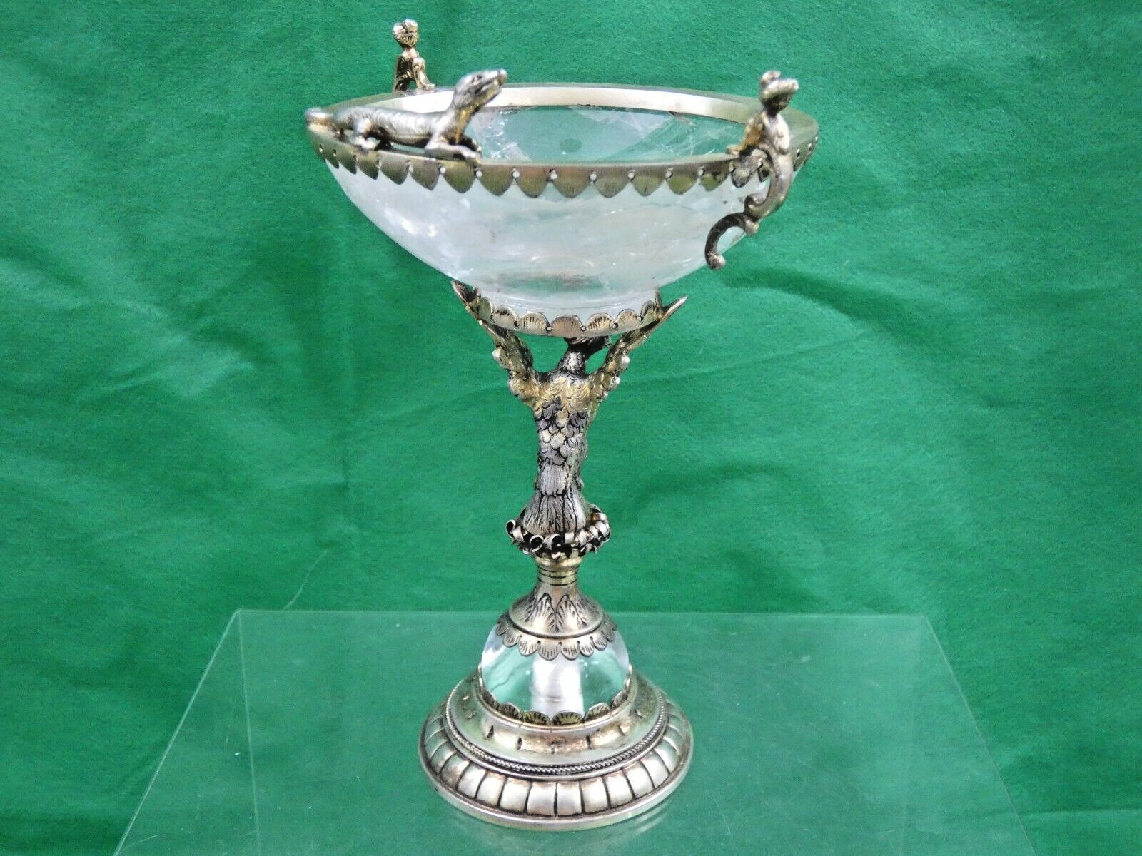 GORGEOUS SILVER - GILT / ROCK CRYSTAL TAZZA ANTIQUE GERMAN FIGURAL EAGLE LIZARD