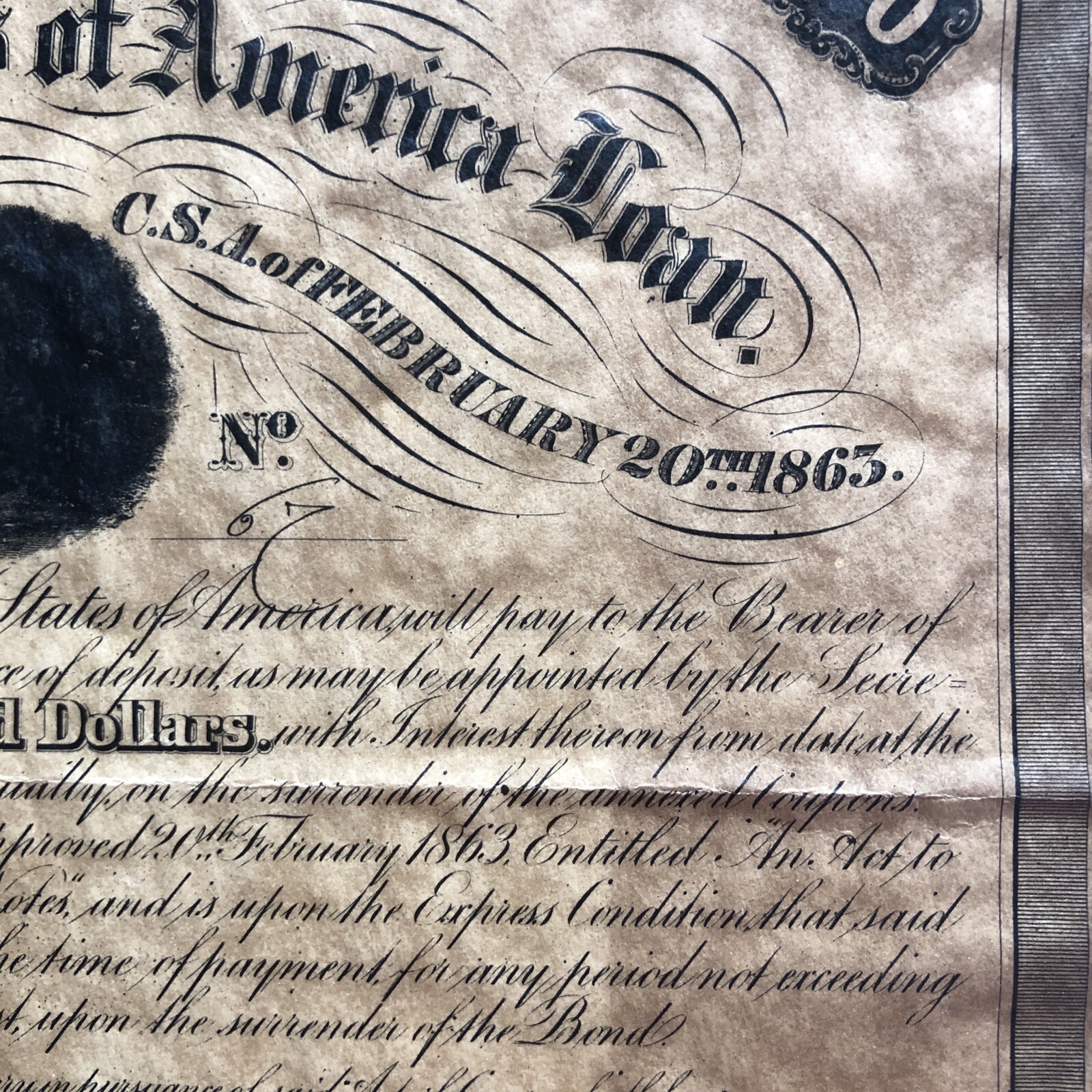 Antique Feb 1863 Confederate States of America Loan Bond #67 100$ Richmond