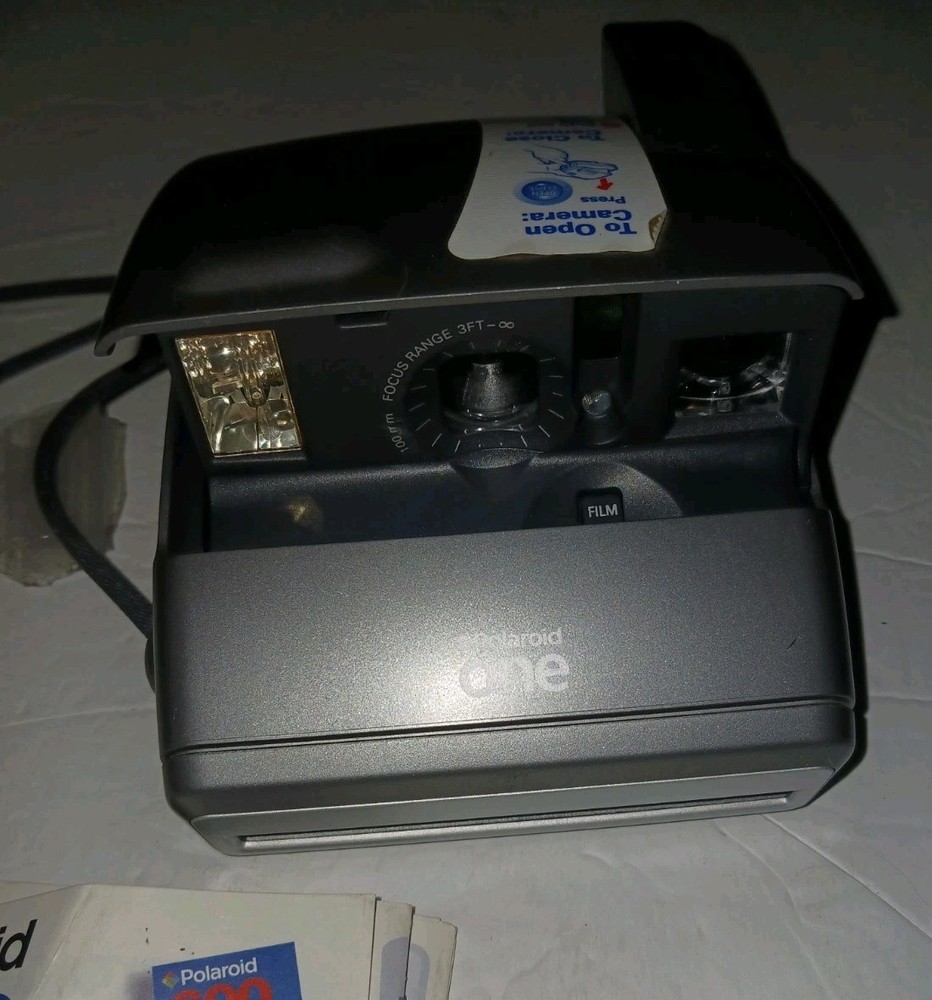 VTG Polaroid One 600 Folding Instant Camera with strap Gray Orange Button